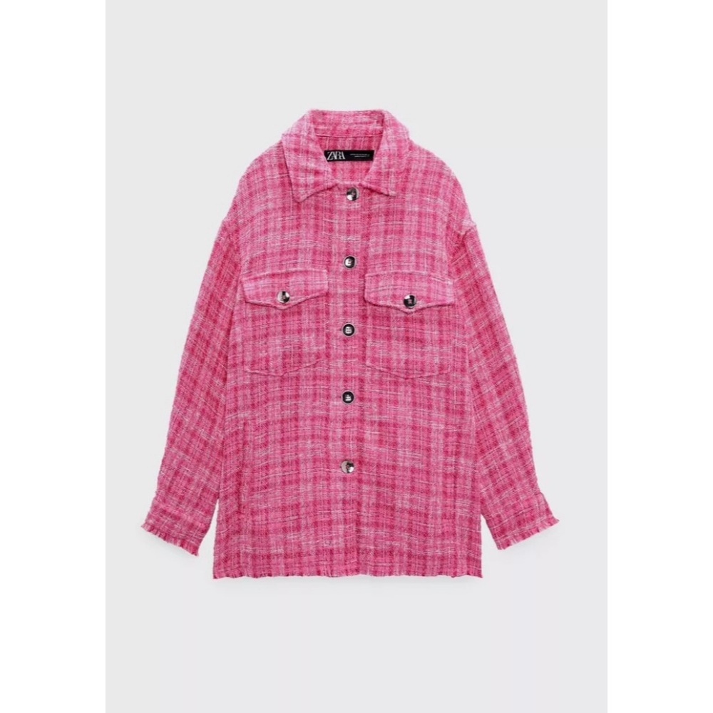Zara Pink Plaid Fringe Hem Shacket Large